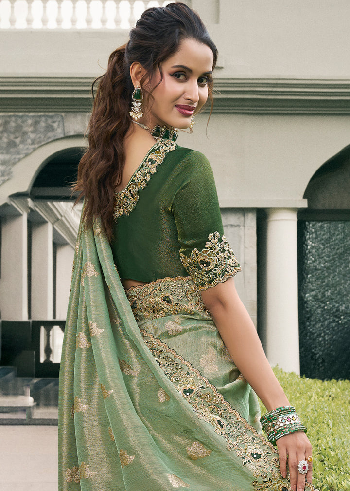 Sage Green Tissue Silk Saree with Zari Weave, Embroidery, Stone & Pearl Detailing