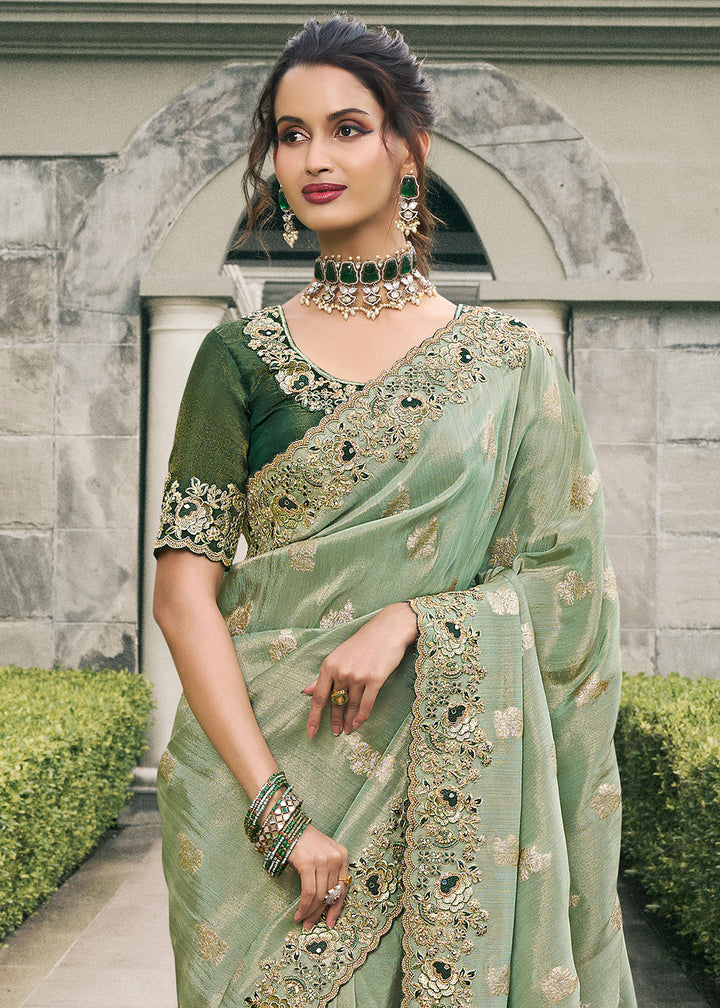 Sage Green Tissue Silk Saree with Zari Weave, Embroidery, Stone & Pearl Detailing