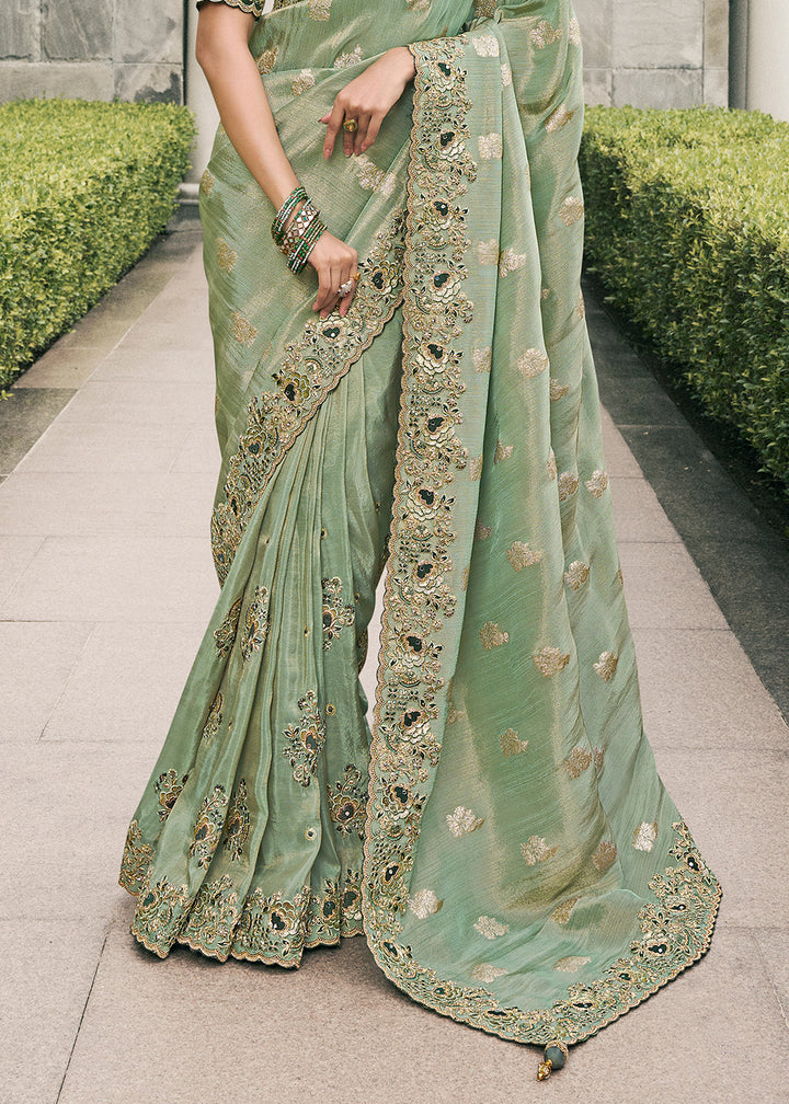 Sage Green Tissue Silk Saree with Zari Weave, Embroidery, Stone & Pearl Detailing