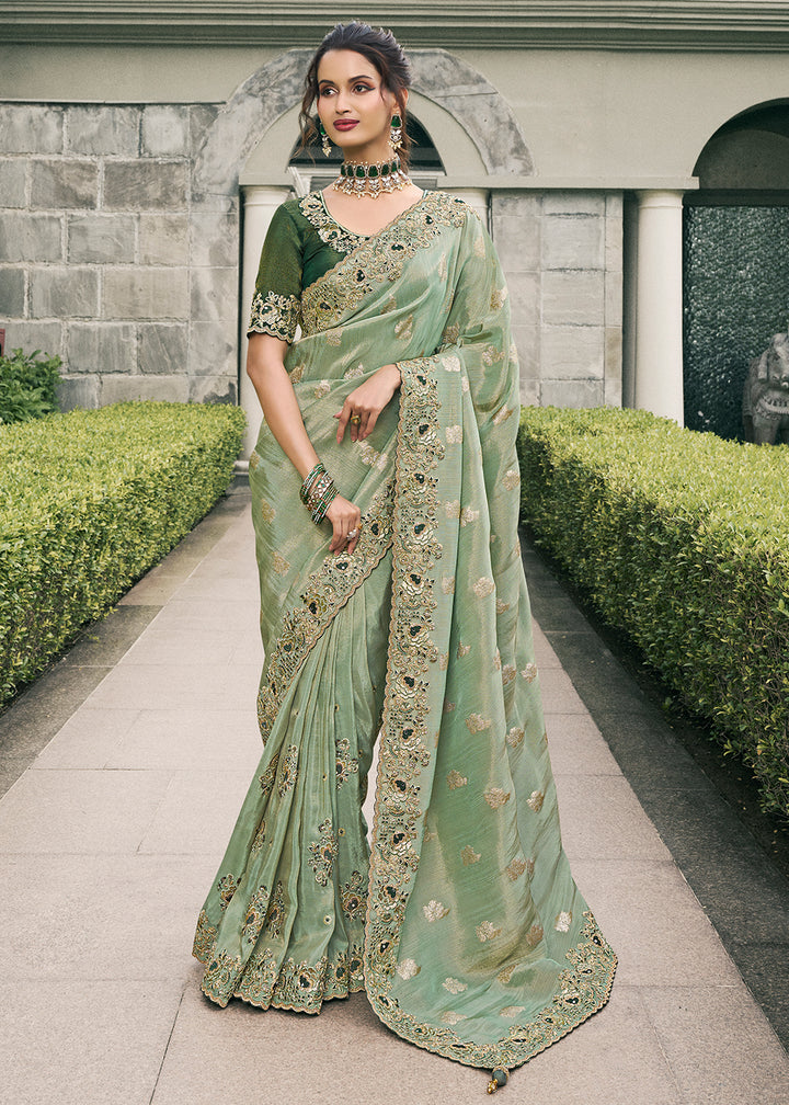 Sage Green Tissue Silk Saree with Zari Weave, Embroidery, Stone & Pearl Detailing