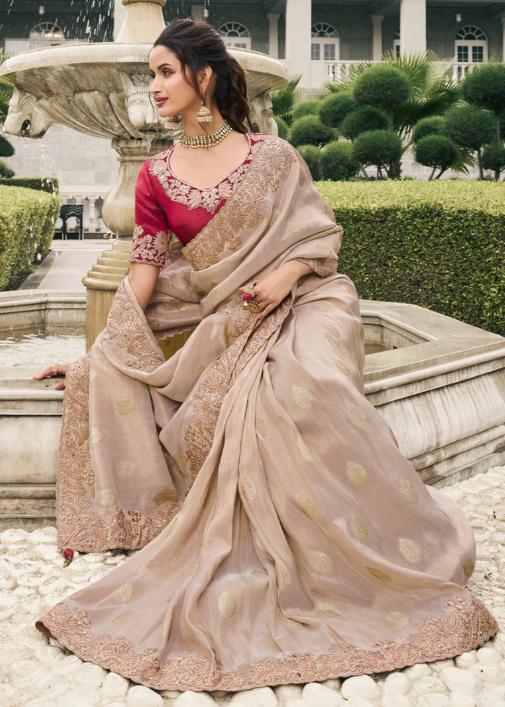 Light Sand Brown Tissue Silk Saree with Zari Weave, Embroidery, Stone & Pearl Detailing