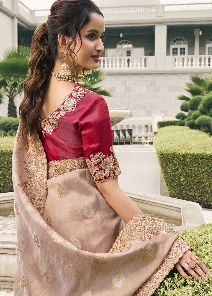 Light Sand Brown Tissue Silk Saree with Zari Weave, Embroidery, Stone & Pearl Detailing