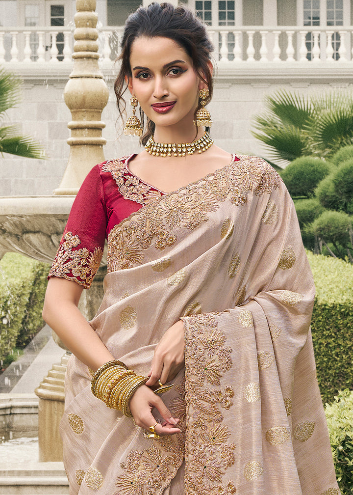 Light Sand Brown Tissue Silk Saree with Zari Weave, Embroidery, Stone & Pearl Detailing