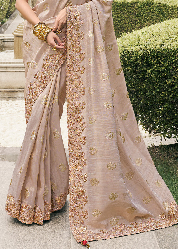 Light Sand Brown Tissue Silk Saree with Zari Weave, Embroidery, Stone & Pearl Detailing