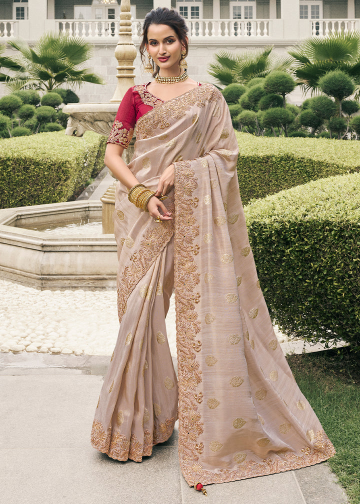 Light Sand Brown Tissue Silk Saree with Zari Weave, Embroidery, Stone & Pearl Detailing