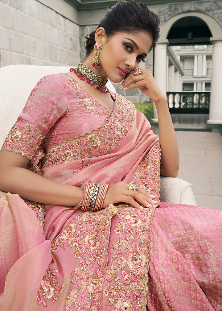 Mauvelous Pink Tissue Silk Saree with Zari Weave, Embroidery, Stone & Pearl Detailing