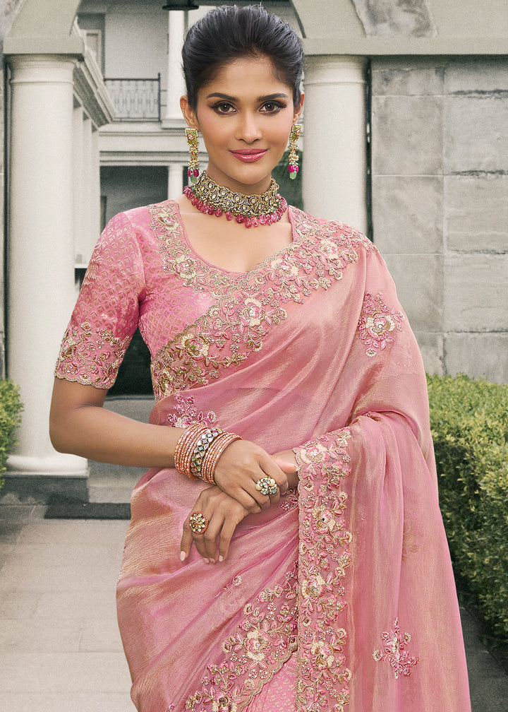 Mauvelous Pink Tissue Silk Saree with Zari Weave, Embroidery, Stone & Pearl Detailing