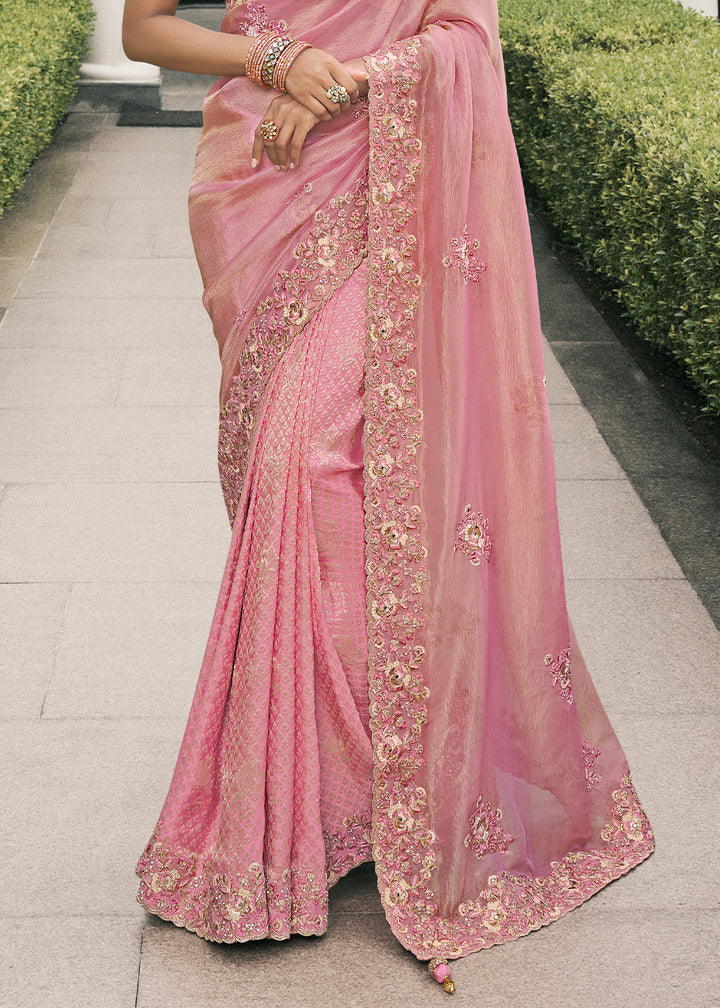 Mauvelous Pink Tissue Silk Saree with Zari Weave, Embroidery, Stone & Pearl Detailing