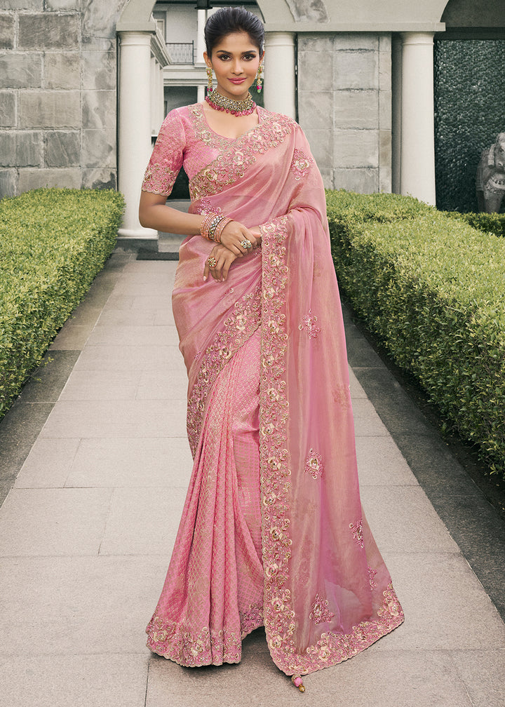 Mauvelous Pink Tissue Silk Saree with Zari Weave, Embroidery, Stone & Pearl Detailing