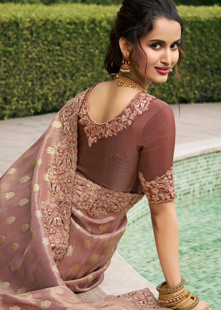 Shades Of Brown Tissue Silk Saree with Zari Weave, Embroidery, Stone & Pearl Detailing