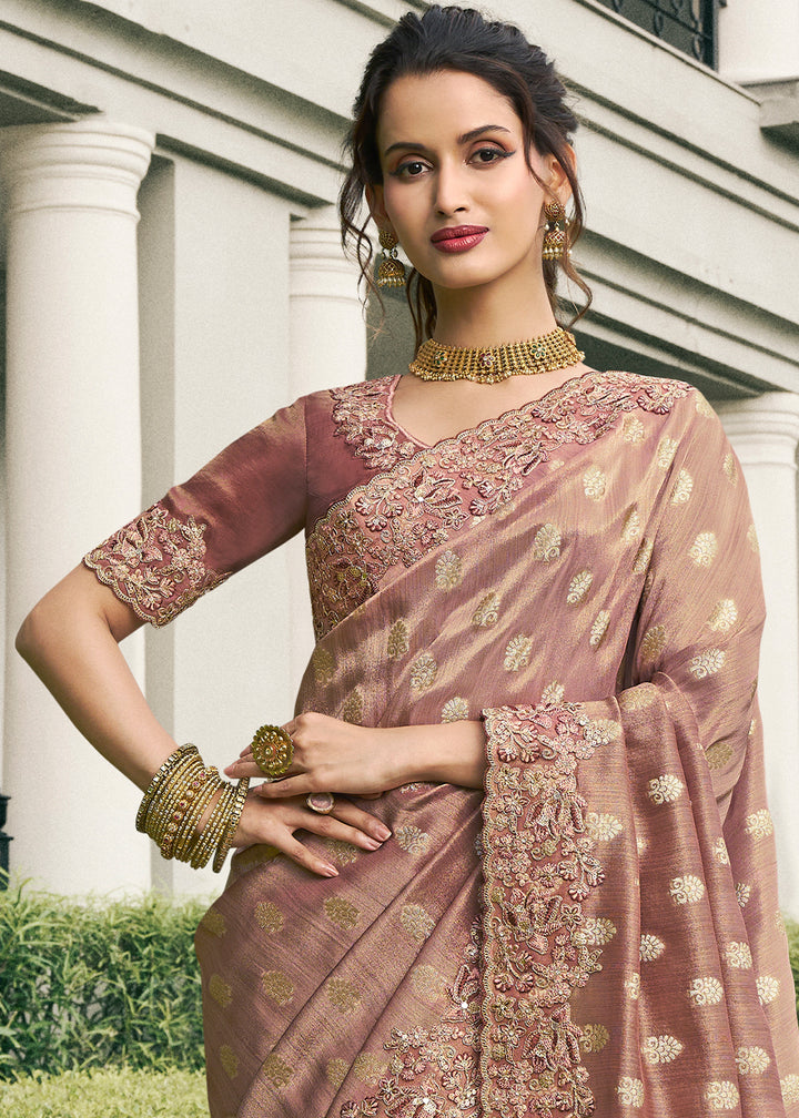 Shades Of Brown Tissue Silk Saree with Zari Weave, Embroidery, Stone & Pearl Detailing