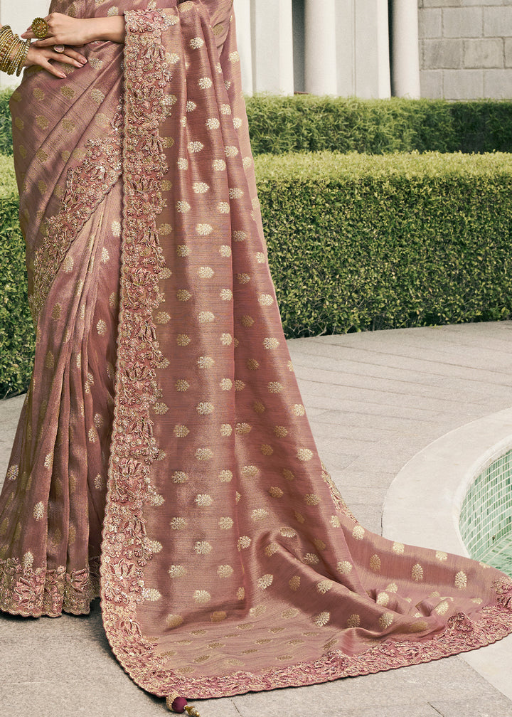 Shades Of Brown Tissue Silk Saree with Zari Weave, Embroidery, Stone & Pearl Detailing