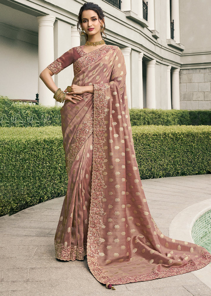 Shades Of Brown Tissue Silk Saree with Zari Weave, Embroidery, Stone & Pearl Detailing