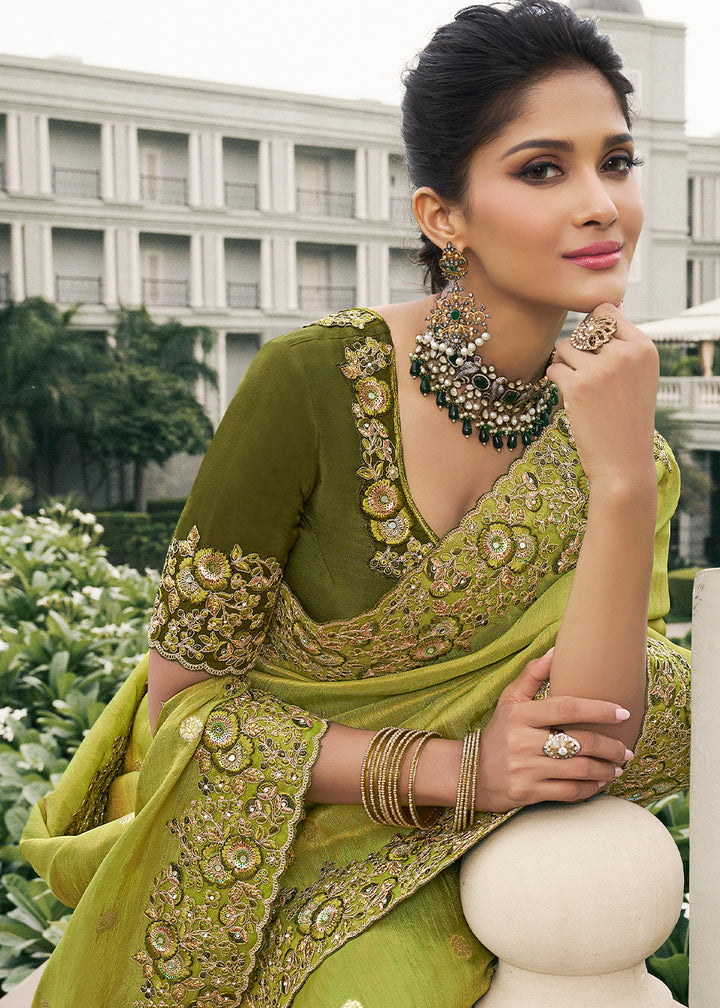 Apple Green Tissue Silk Saree with Zari Weave, Embroidery, Stone & Pearl Detailing