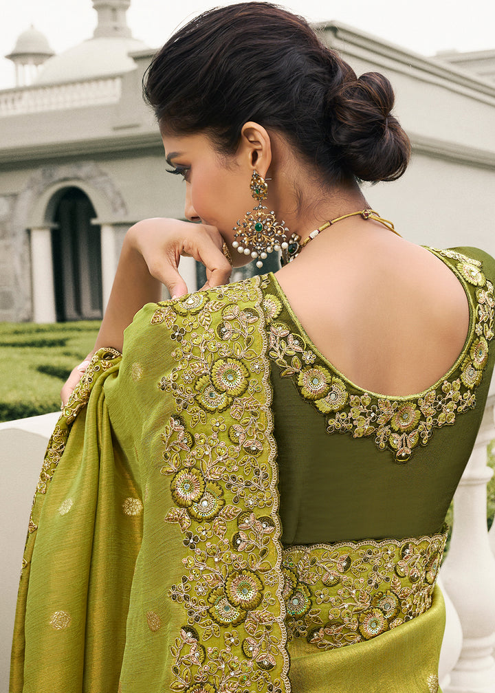 Apple Green Tissue Silk Saree with Zari Weave, Embroidery, Stone & Pearl Detailing