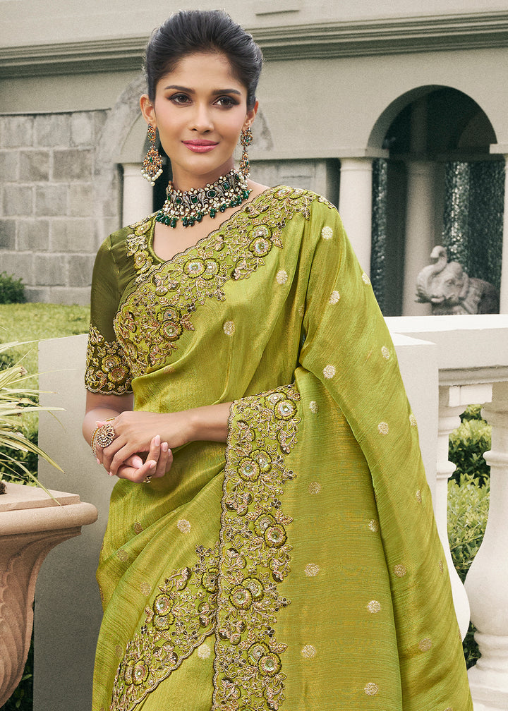 Apple Green Tissue Silk Saree with Zari Weave, Embroidery, Stone & Pearl Detailing