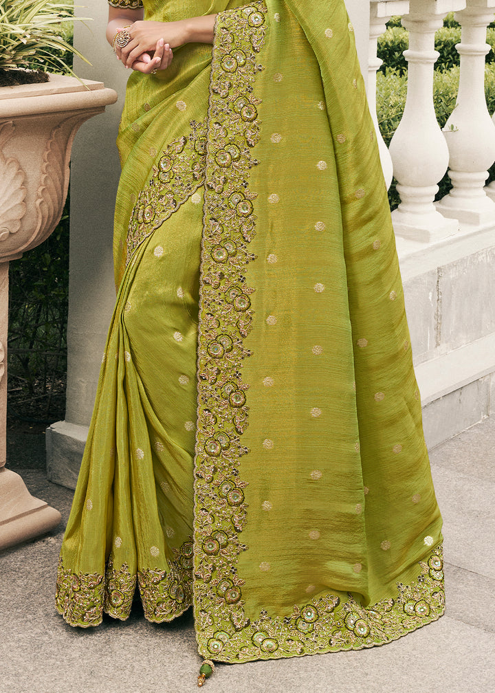 Apple Green Tissue Silk Saree with Zari Weave, Embroidery, Stone & Pearl Detailing