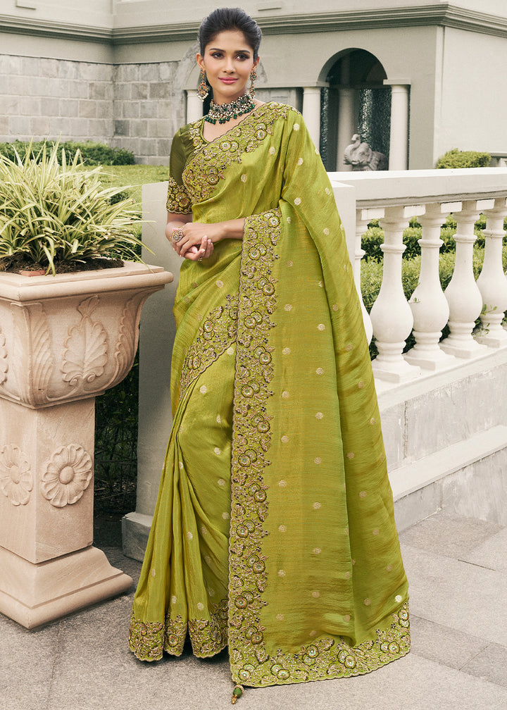 Apple Green Tissue Silk Saree with Zari Weave, Embroidery, Stone & Pearl Detailing