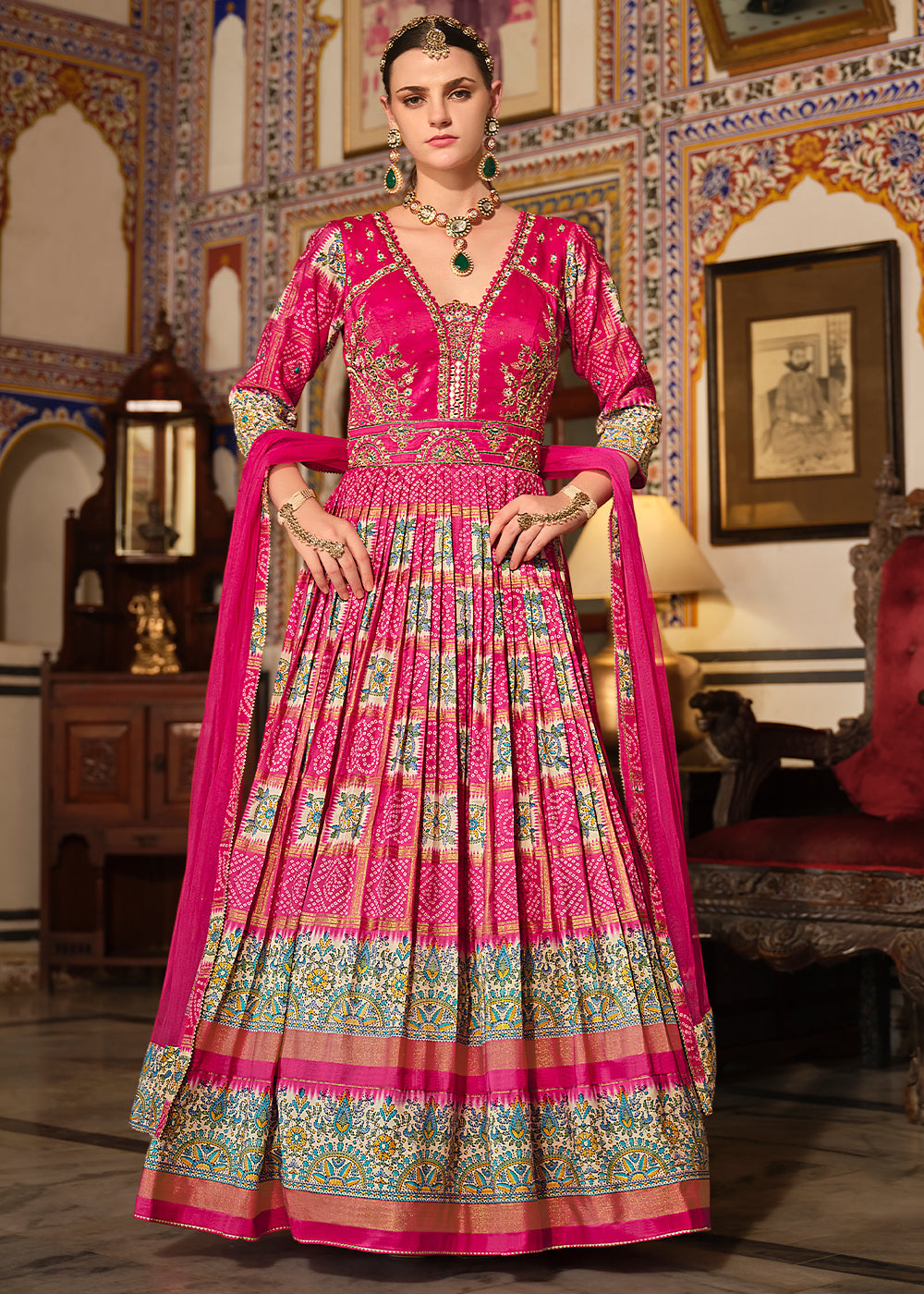 Hot Pink Silk Anarkali Gown Featuring Bandhani Prints and Embroidery, M Hot Pink Silk Anarkali Gown Featuring Bandhani Prints and Embroidery, M