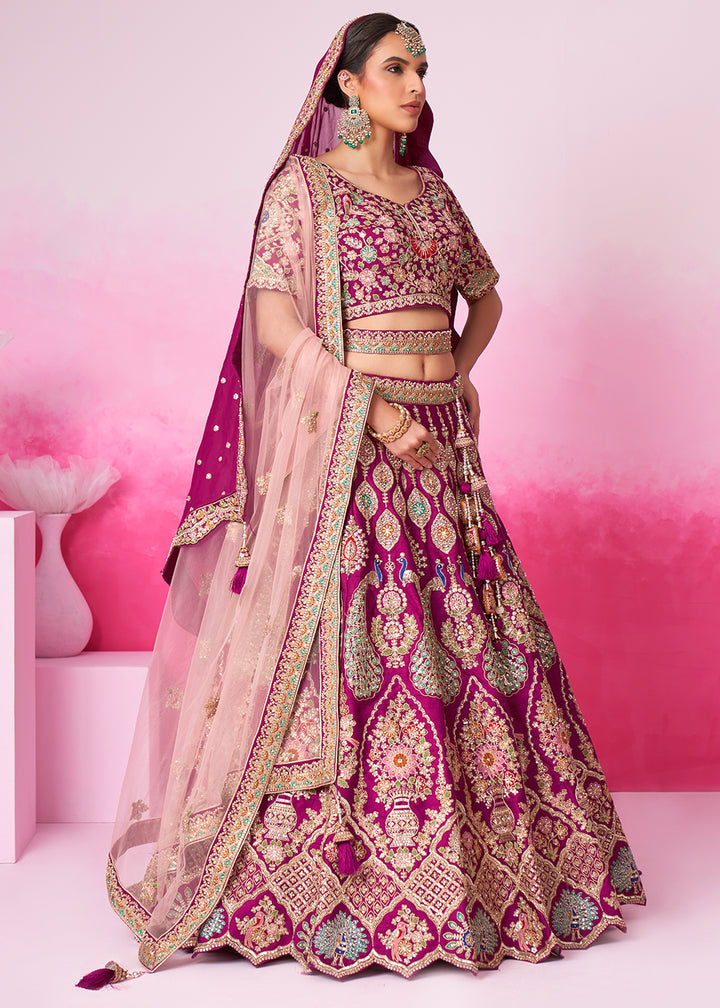 Magenta Purple Silk Lehenga Choli Adorned with Moti & Sequins Embroidery Work: Bridal Collection