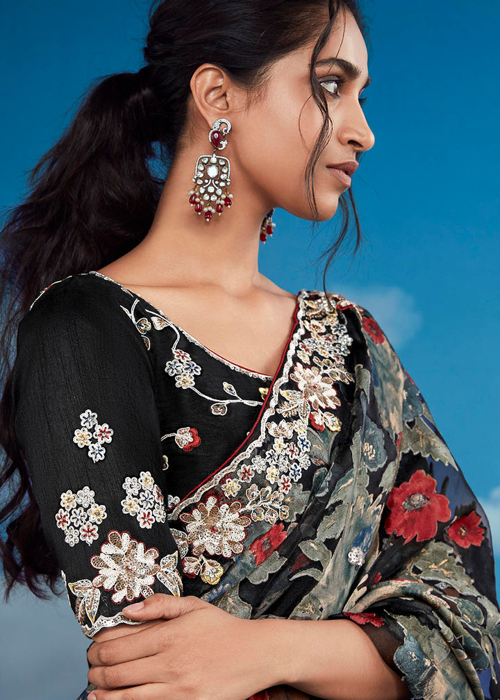 Raven Black Floral Brasso Silk Saree with Embroidered Border Detailing