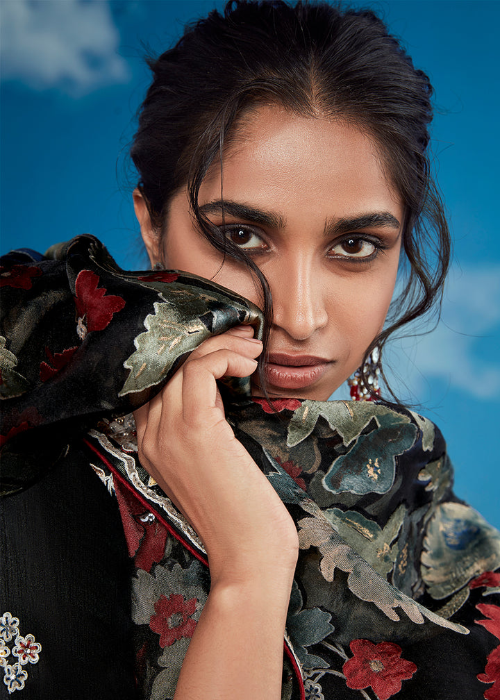 Raven Black Floral Brasso Silk Saree with Embroidered Border Detailing