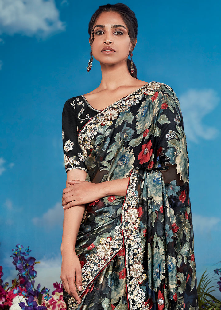 Raven Black Floral Brasso Silk Saree with Embroidered Border Detailing