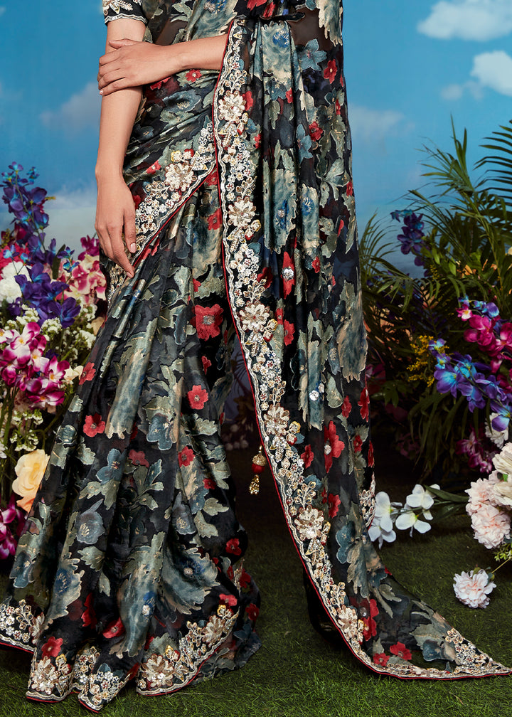 Raven Black Floral Brasso Silk Saree with Embroidered Border Detailing