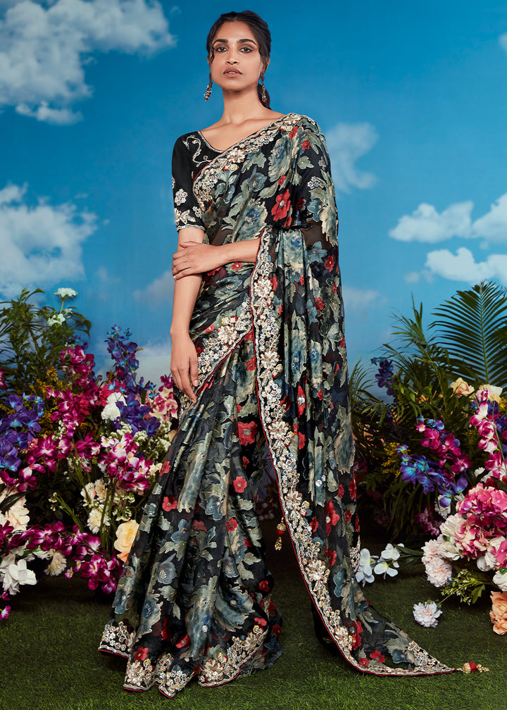 Raven Black Floral Brasso Silk Saree with Embroidered Border Detailing