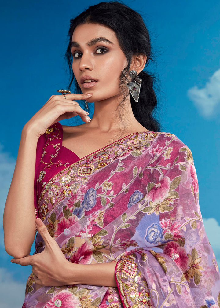 Light Mauve Purple Floral Brasso Silk Saree with Embroidered Border Detailing