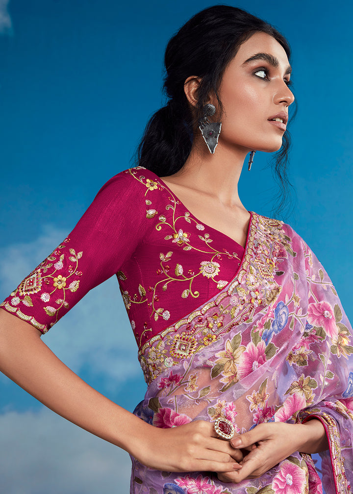 Light Mauve Purple Floral Brasso Silk Saree with Embroidered Border Detailing