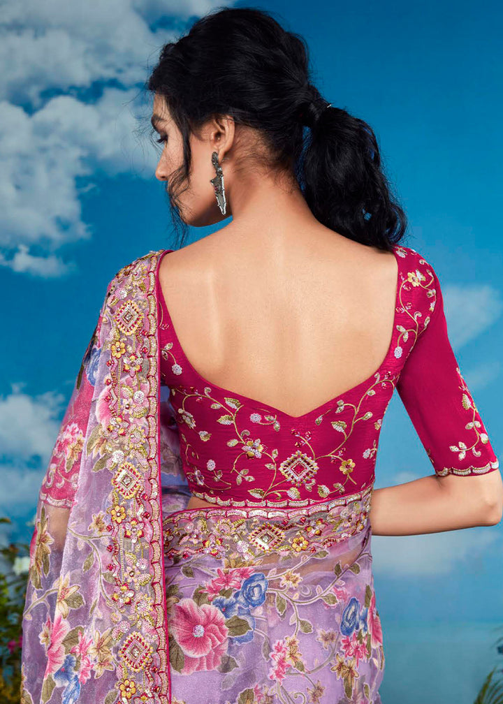 Light Mauve Purple Floral Brasso Silk Saree with Embroidered Border Detailing