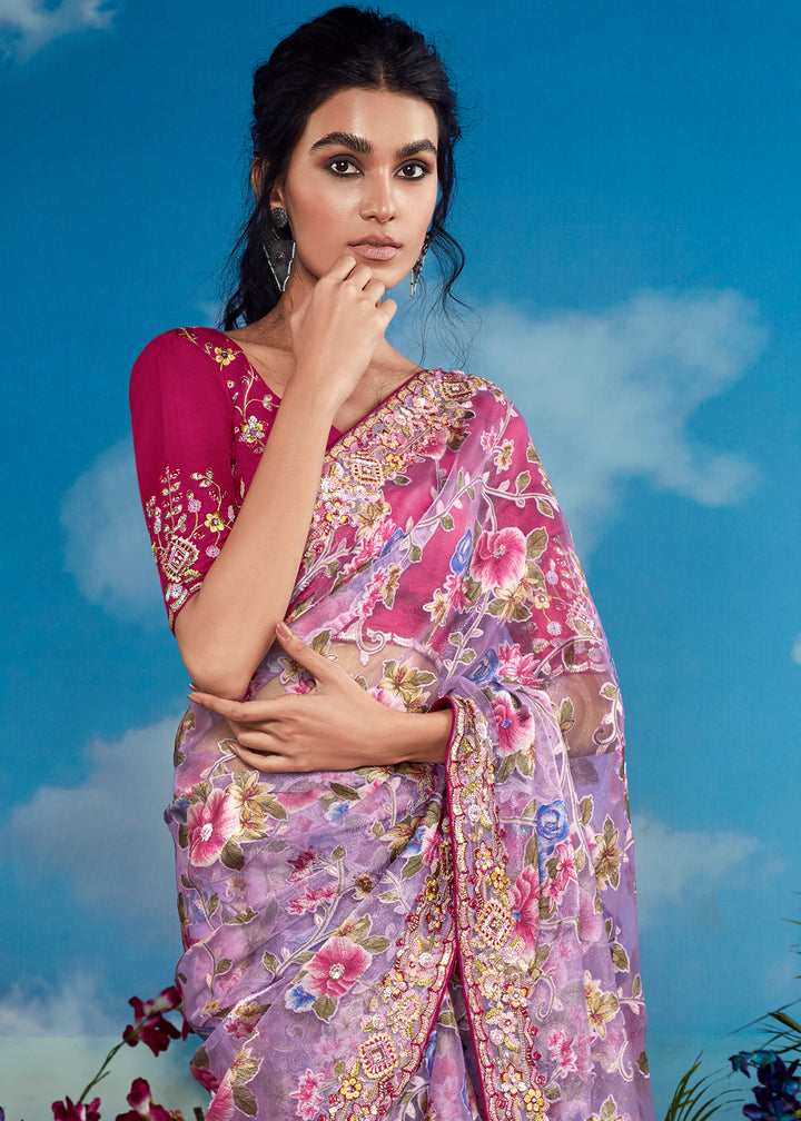 Light Mauve Purple Floral Brasso Silk Saree with Embroidered Border Detailing