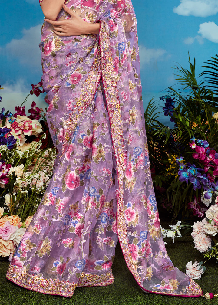 Light Mauve Purple Floral Brasso Silk Saree with Embroidered Border Detailing