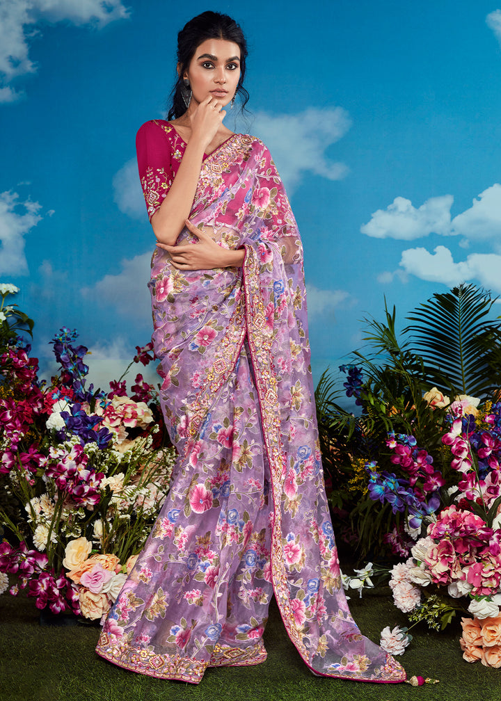 Light Mauve Purple Floral Brasso Silk Saree with Embroidered Border Detailing