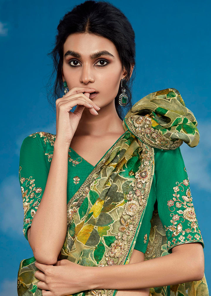 Shades Of Green Floral Brasso Silk Saree with Embroidered Border Detailing