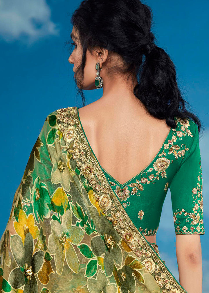 Shades Of Green Floral Brasso Silk Saree with Embroidered Border Detailing
