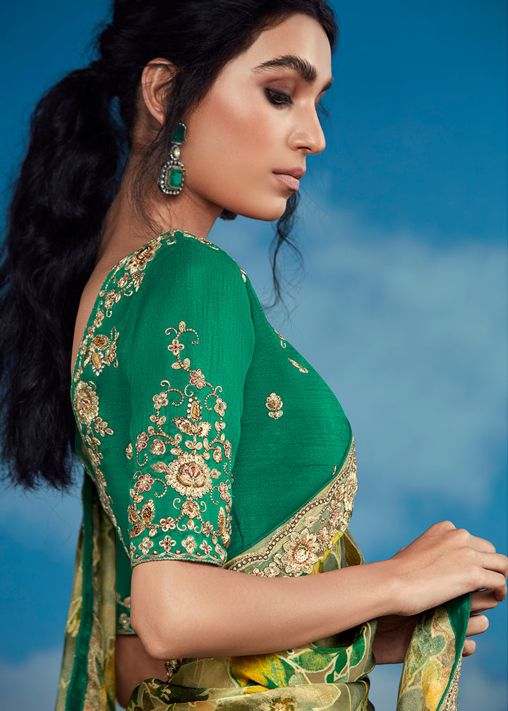 Shades Of Green Floral Brasso Silk Saree with Embroidered Border Detailing