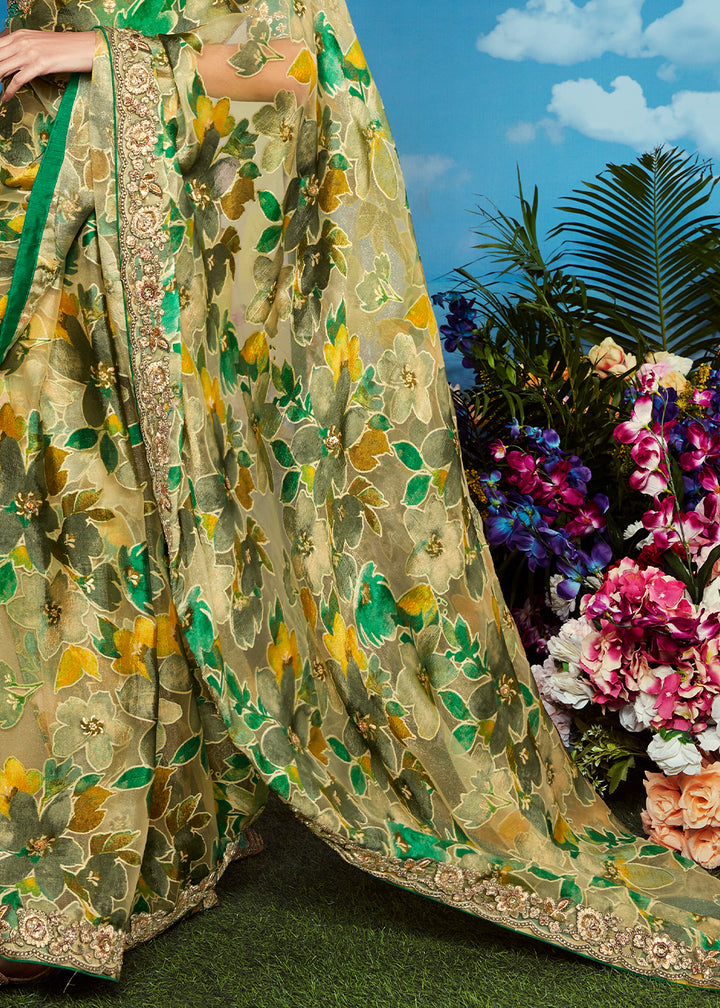 Shades Of Green Floral Brasso Silk Saree with Embroidered Border Detailing