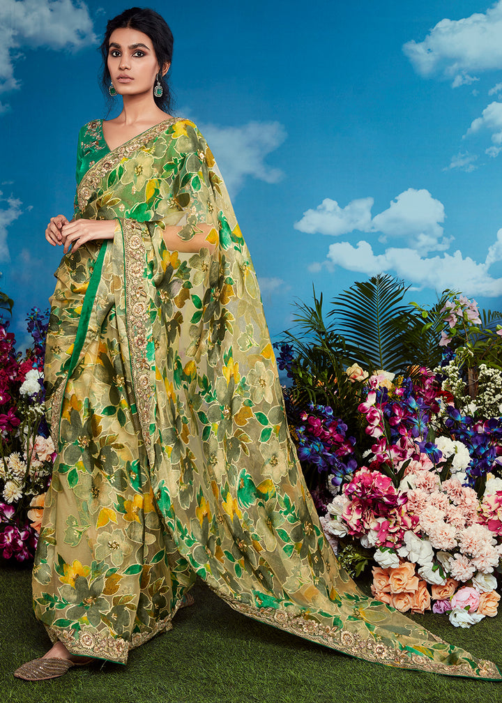 Shades Of Green Floral Brasso Silk Saree with Embroidered Border Detailing