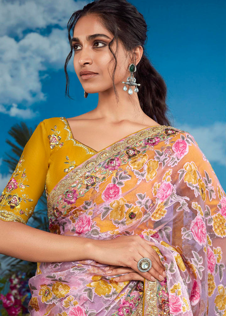 Pinkish Purple Floral Brasso Silk Saree with Embroidered Border Detailing