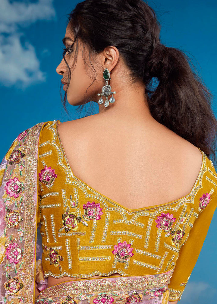 Pinkish Purple Floral Brasso Silk Saree with Embroidered Border Detailing