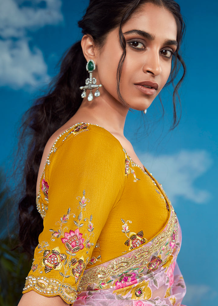 Pinkish Purple Floral Brasso Silk Saree with Embroidered Border Detailing