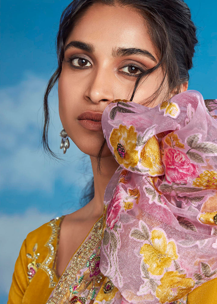 Pinkish Purple Floral Brasso Silk Saree with Embroidered Border Detailing