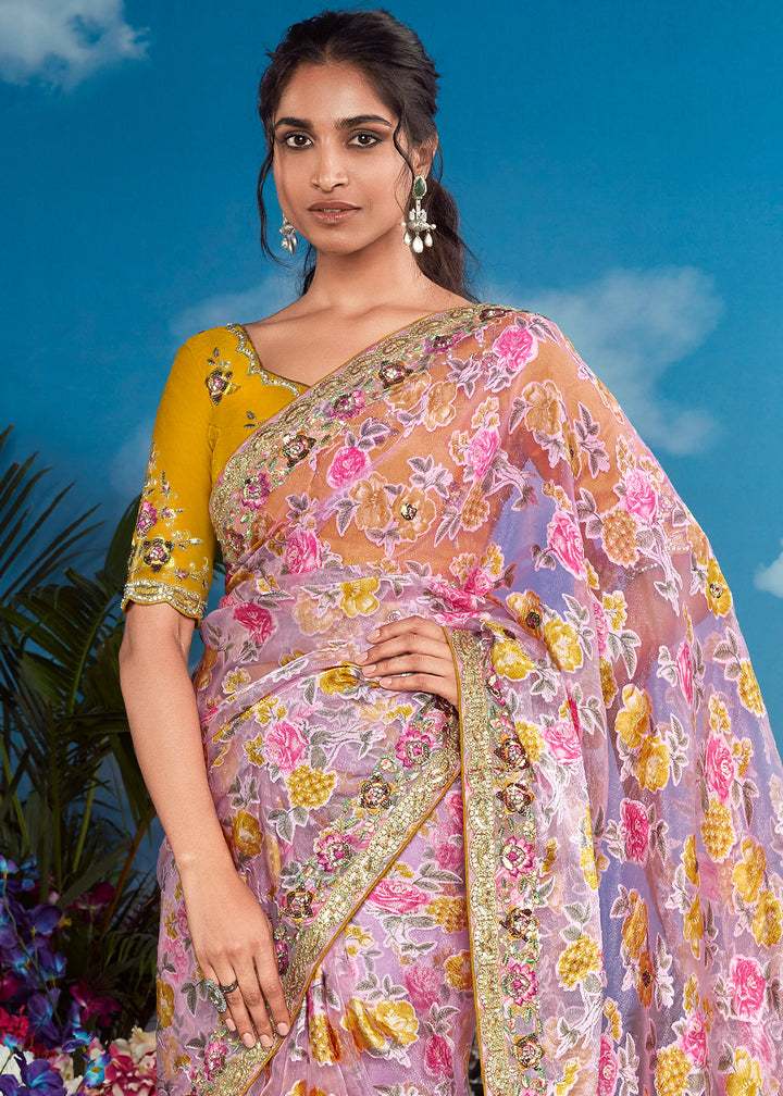 Pinkish Purple Floral Brasso Silk Saree with Embroidered Border Detailing