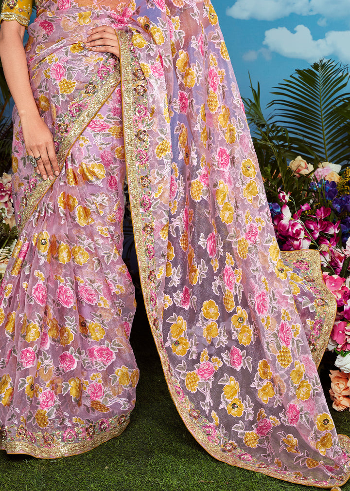 Pinkish Purple Floral Brasso Silk Saree with Embroidered Border Detailing