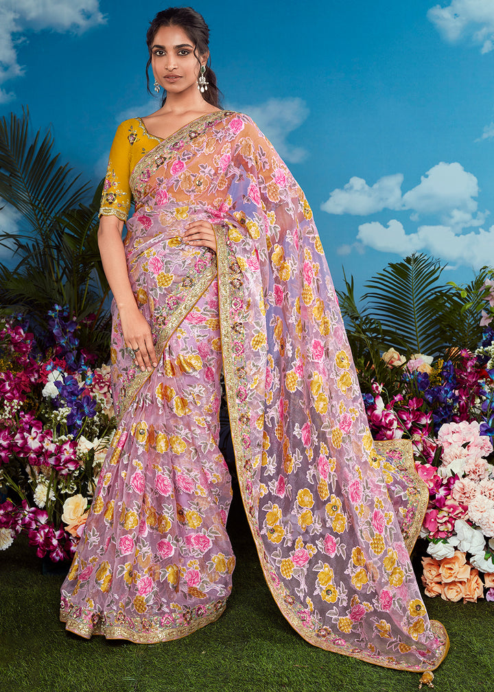 Pinkish Purple Floral Brasso Silk Saree with Embroidered Border Detailing