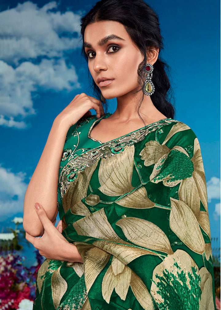 Shamrock Green Floral Brasso Silk Saree with Embroidered Border Detailing