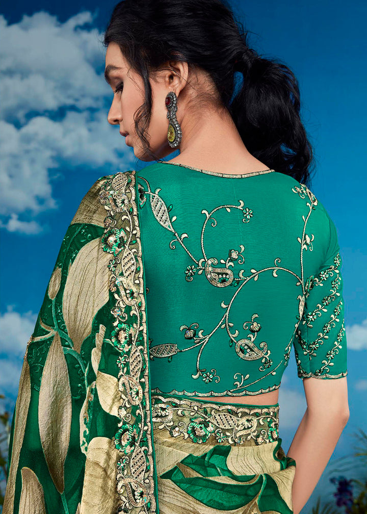 Shamrock Green Floral Brasso Silk Saree with Embroidered Border Detailing