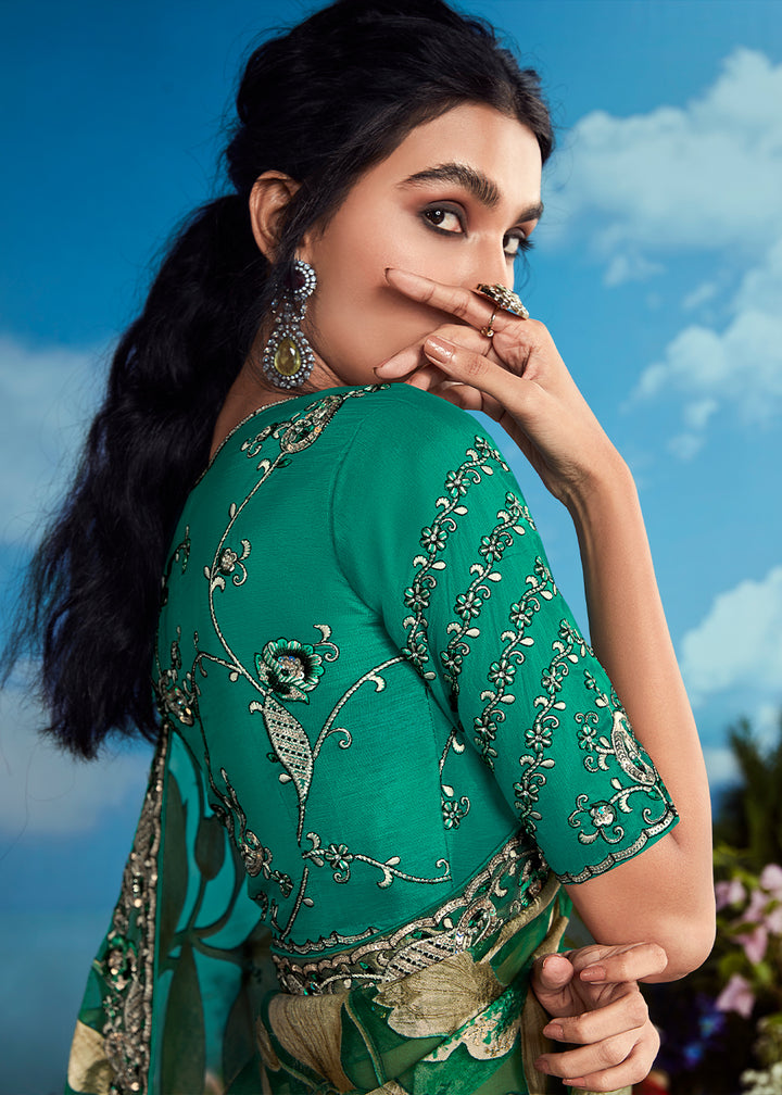 Shamrock Green Floral Brasso Silk Saree with Embroidered Border Detailing